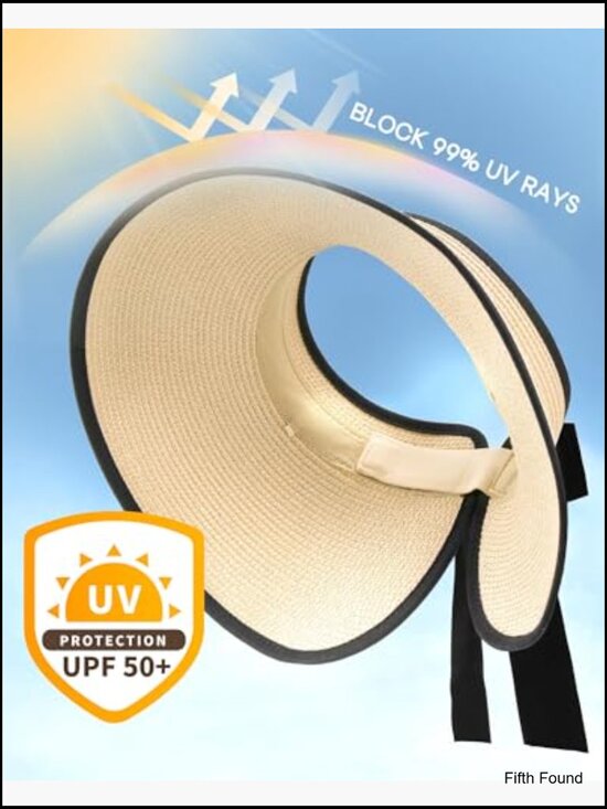 Wide Brim Straw Visor Hat Foldable Packable UPF 50+ Adjustable Summer Sun main image 4